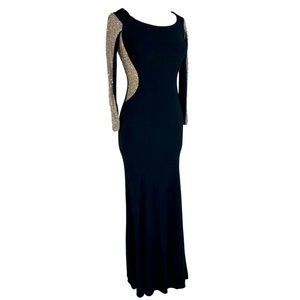 Xscape Black Gown Illusion Beaded Nude Long Sleeve
